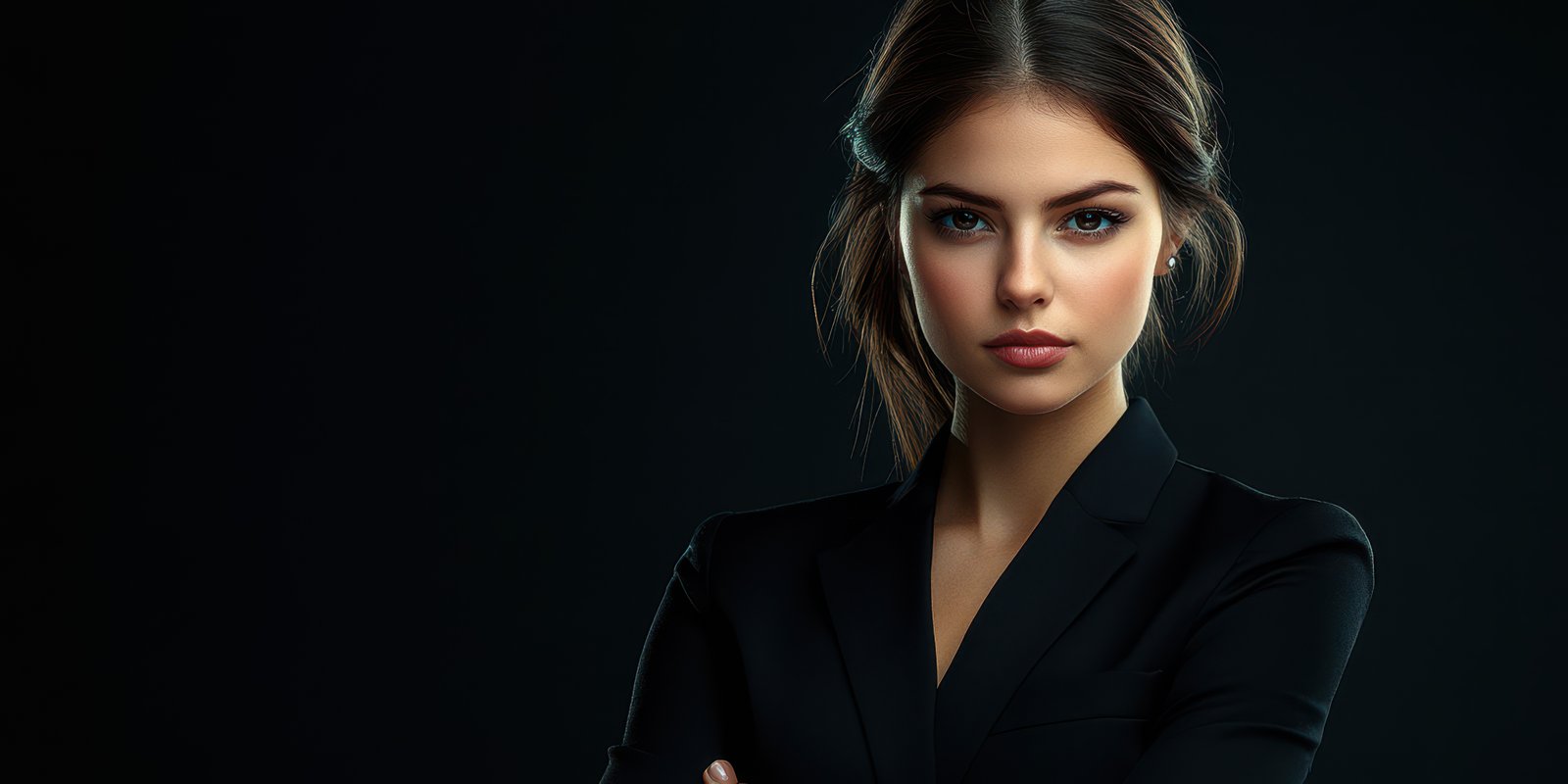 Confident woman in a black suit with a serious expression against a dark background